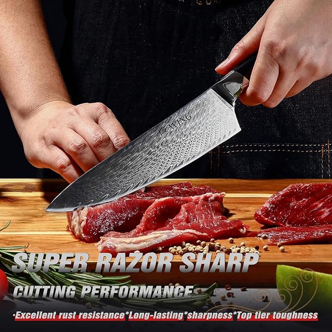 High Carbon Stainless Steel 8" Japanese Chef Knife, VG10 Steel Damascus Kitchen Knife, Professional Black Forged Kitchen Knives with Ergonomic Handle