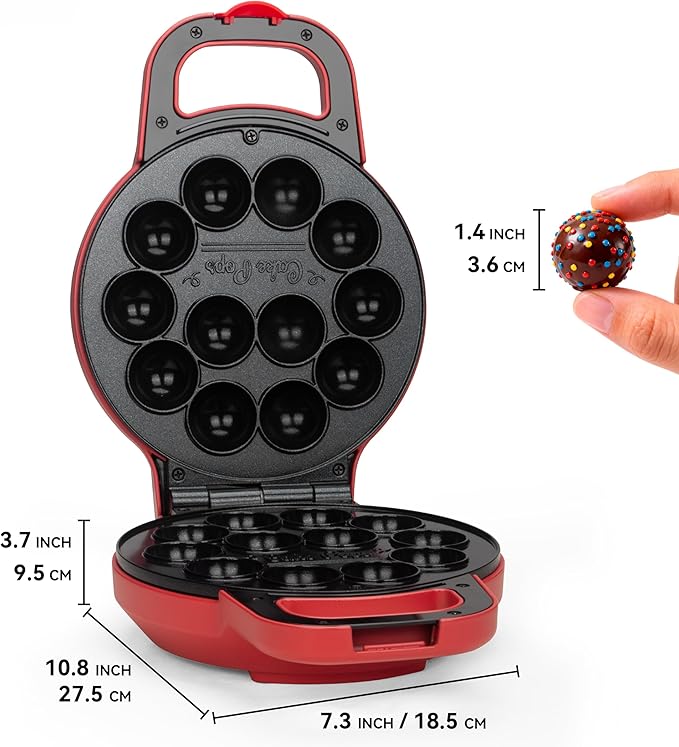 Flip Cake Pop Maker Machine with Ceramic Coating, Make 12 x 1.4 Inch Cake Pops, Cake Pop Kit for Kids, Cake Pop Supplies, Snack Machine, Recipe & Brushed Included, Red