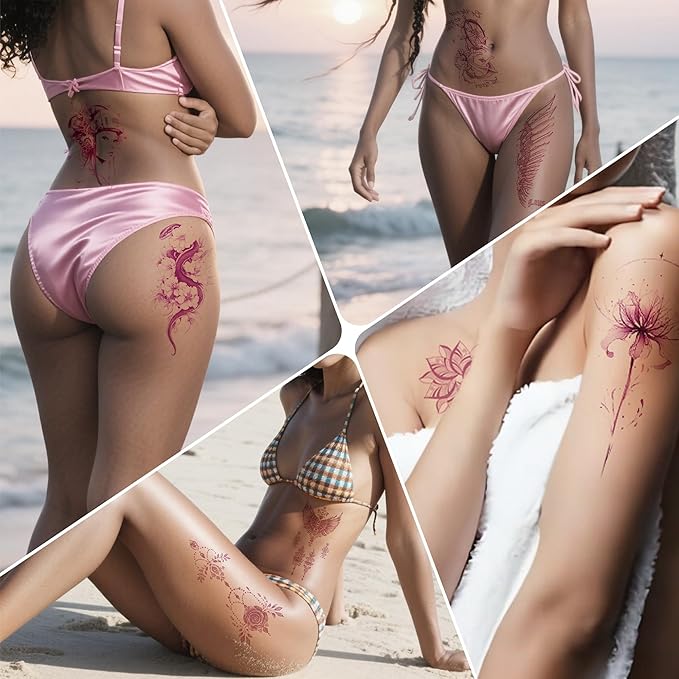 Feminine Pink Art Temporary Tattoos | Realistic Pink Purple Temporary Tattoos for Women, Floral Bird Moon & Symbol Fake Tattoo Stickers from Elegant to Edgy for Party Travel Daily Use