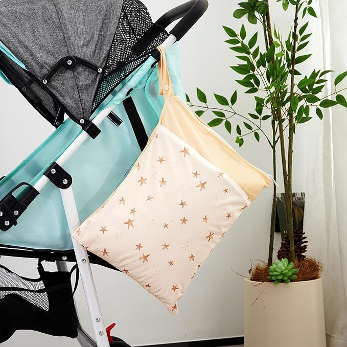 2pcs Wet Bags Waterproof Reusable Wet Dry Bag with Two Zippered Pockets Travel Beach Pool Daycare Yoga Gym Bag for Baby Cloth Diaper,Swimsuits,Wet Clothes (Shells & Starfish)