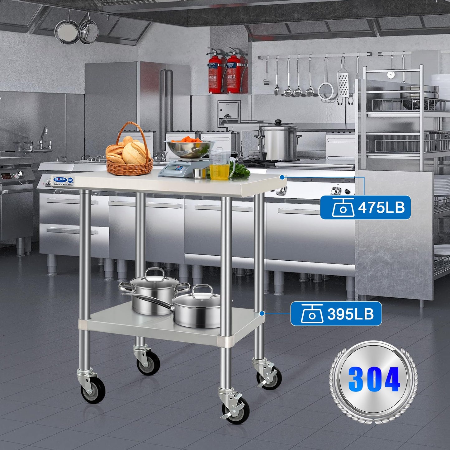 HARDURA Stainless Steel Table with Wheels 24 x 36 Inches Kitchen Prep Table Heavy Duty Stainless Steel Workbench with Aluminium Corner Undershelf NSF 304 Metel Table for Commercial Restaurant