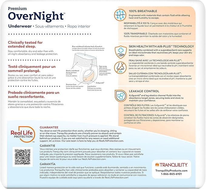 Tranquility Premium OverNight Disposable Absorbent Underwear (20 Count) - S, 22-36 in. Waist - Maximum Absorbency, All-Night Sleep, Breathable Comfort, 20 Adult Diapers