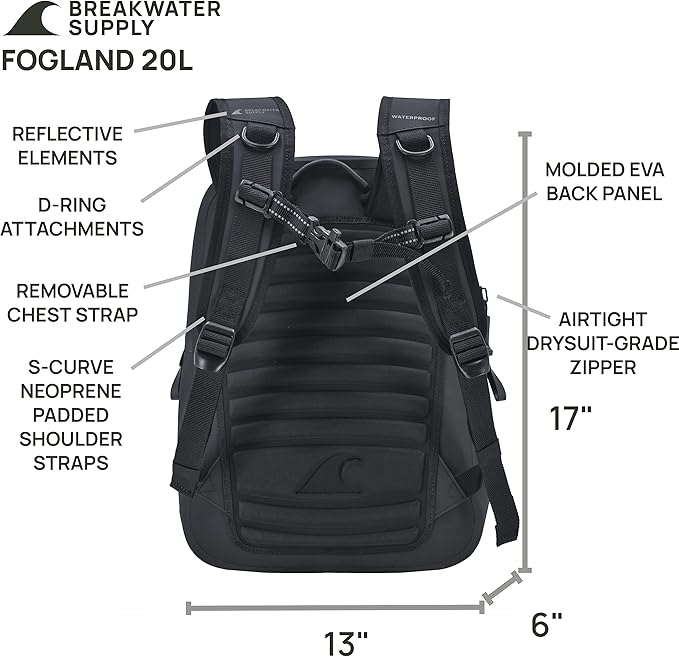 Breakwater Supply™ 100% Waterproof Submersible Backpack, Laptop Bag, Airtight Zippers | Travel Outdoors | Fogland 25L 20L 15L