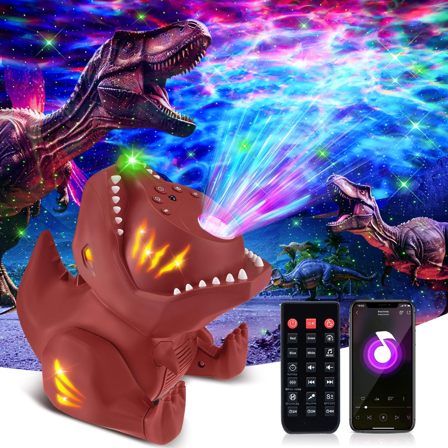 PIKOY Dinosaur Night Light Projector with 22 White Noises, 316 Color Modes, Bluetooth Speaker - Red, Model WH-E23