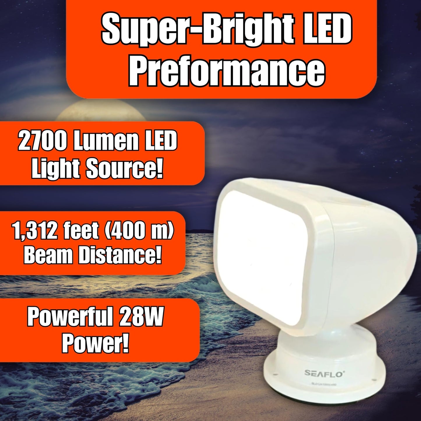 SEAFLO 360° Rotating LED Searchlight, 10-30V, IP66 Waterproof, White Light 5500K, Model SFSL-2700W-01W