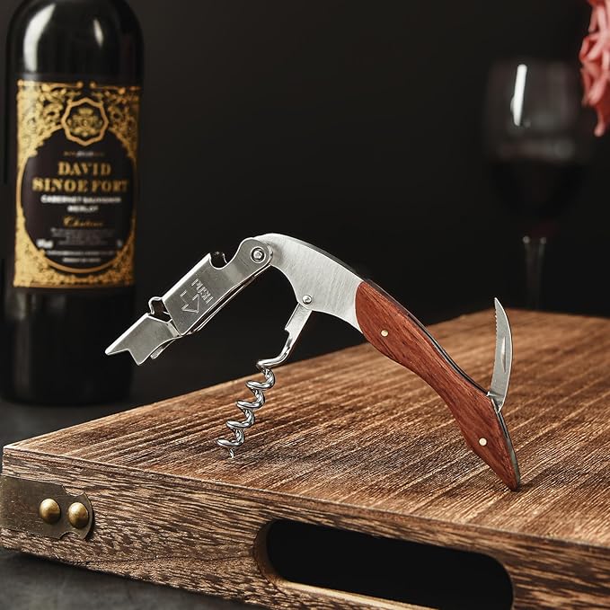 Wine Opener, Wine key, Corkscrew, Wine Bottle Opener w/Foil Cutter and Cap Remover for Servers, Bartenders, Waiters, Sommelier, Wine lover (Brown, Customize)