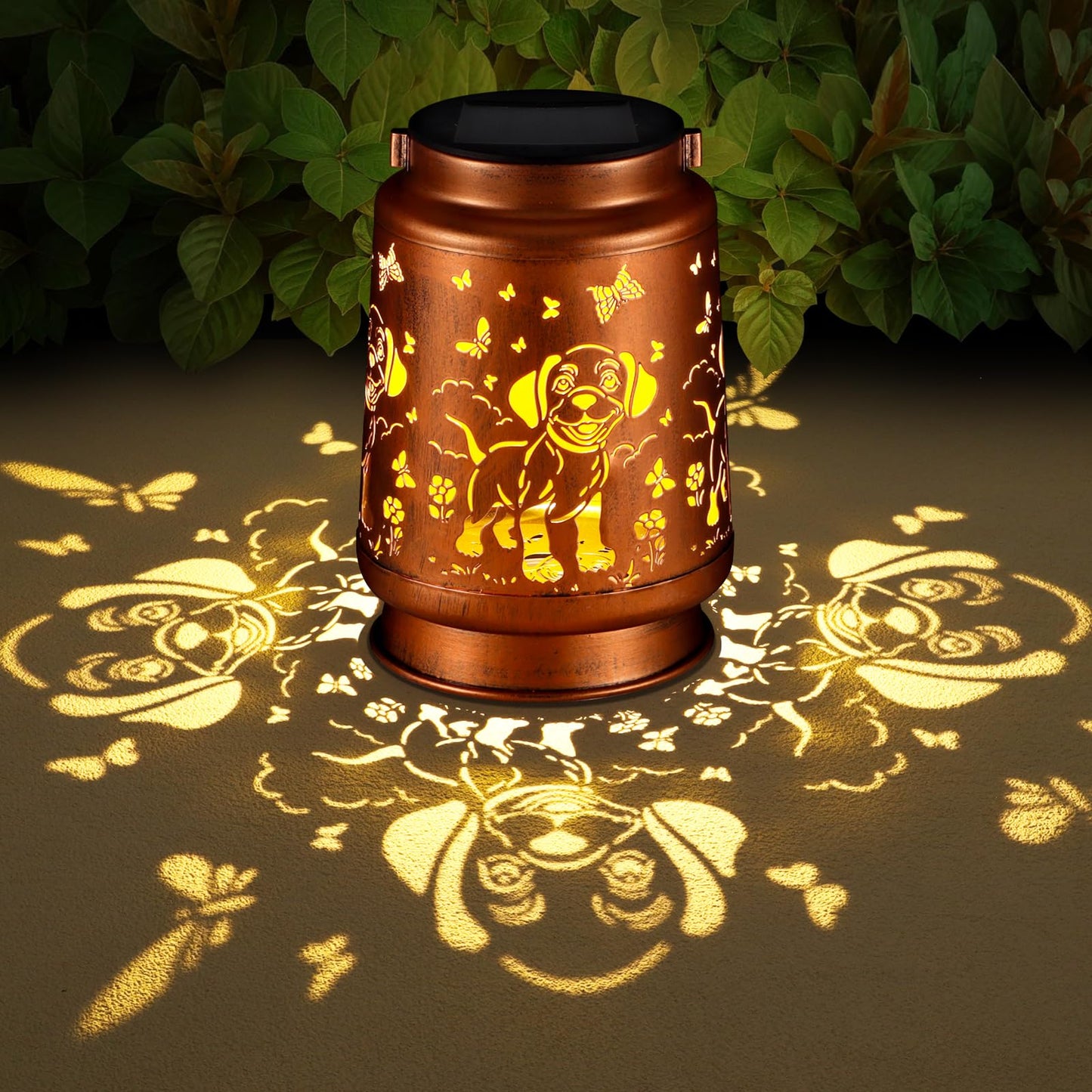 Solar Lantern Outdoor Hanging Waterproof Outside Metal Openwork Hummingbird Pattern Birthday Gifts For Women Mom Landscape Lights For Porch Garden Yard Patio Pathway Decor(Dogs And Butterflies)