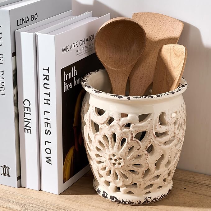 Farmhouse Kitchen Utensil Holder for Kitchen Counter, Ceramic Large Cooking Utensil Crock with Cork Mat, Decorative Rustic Utensil Organizer for Countertop, Spatula, Antique Beige
