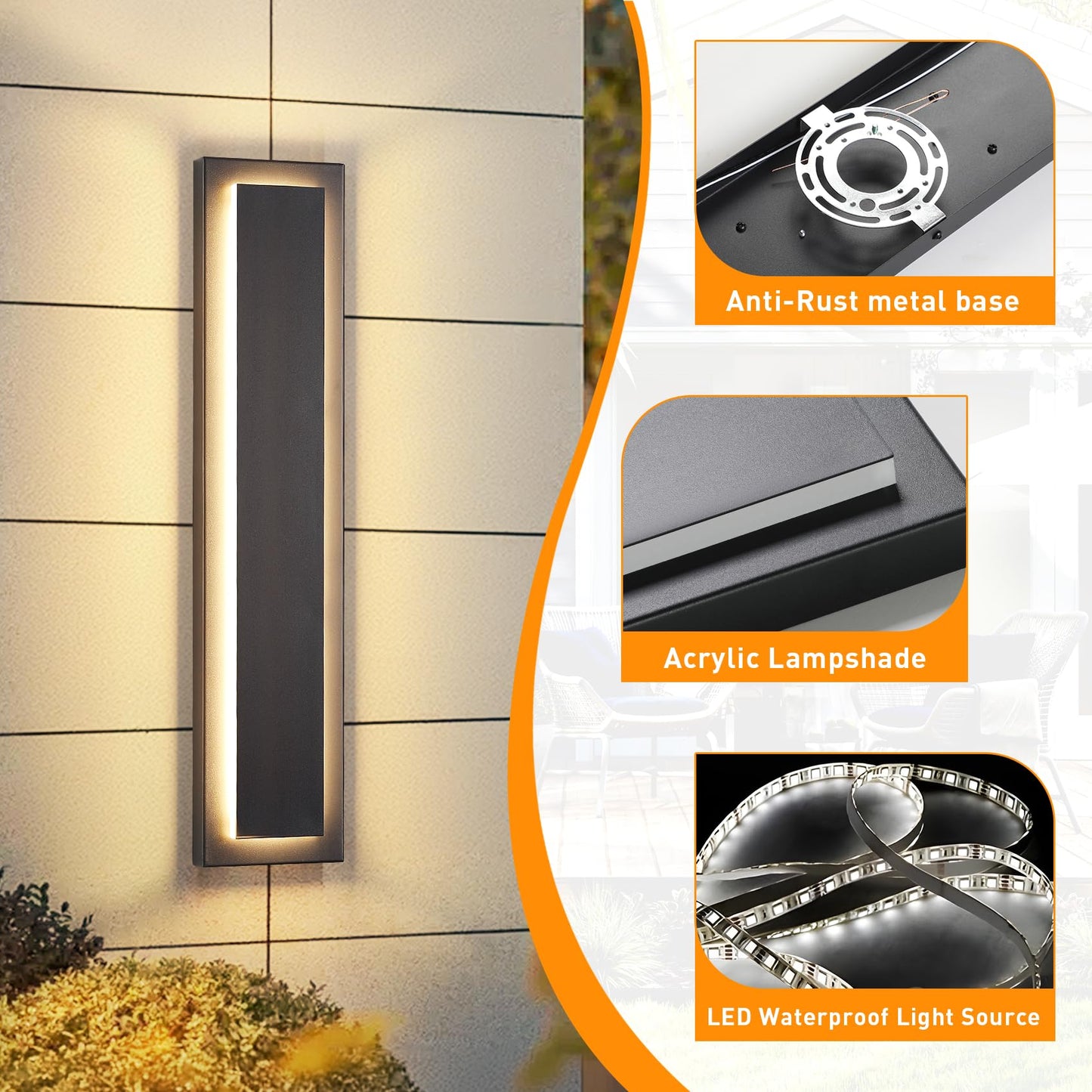 Zsmaiku 24 In Porch Lights Outdoor Sconce Lights Modern Exterior Front Door Lighting Fixtures Black Led Long Outdoor Wall Light Waterproof Outside Lights For House Patio Garage 24 W Warm White 1 Pack