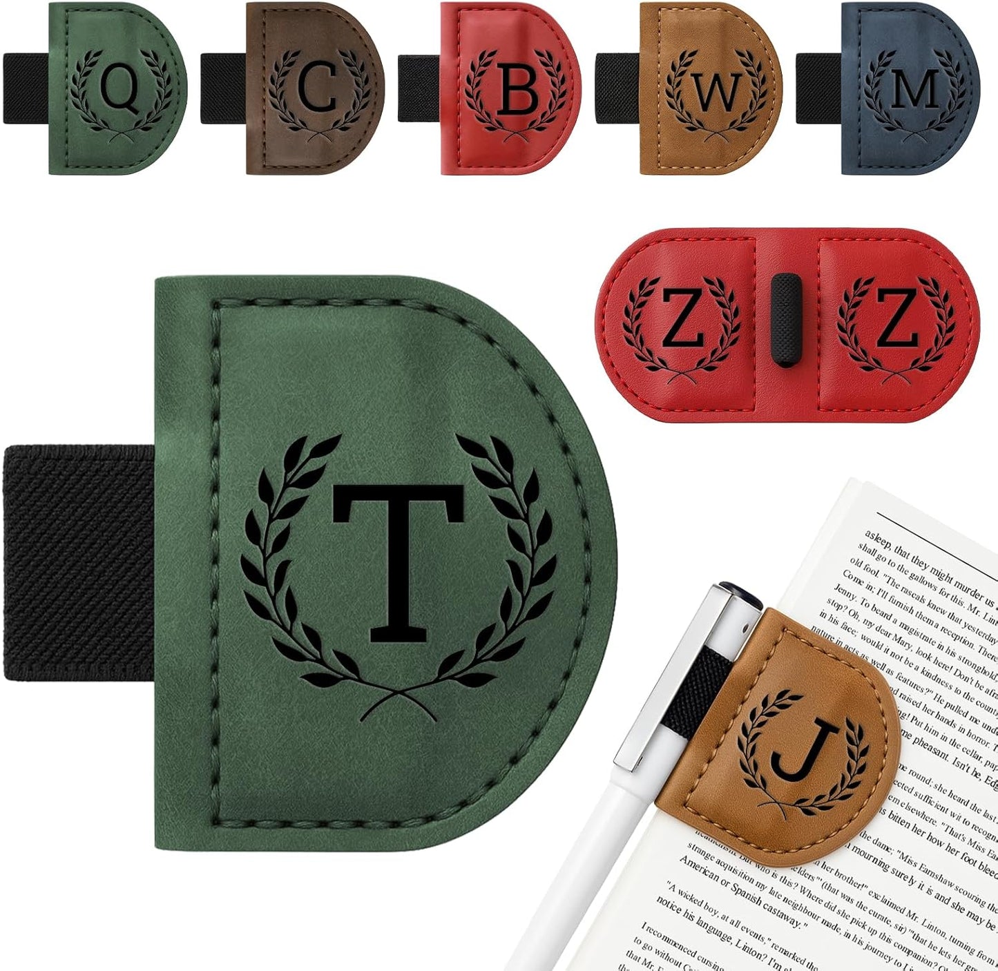 Personalized Bygone Mark Bookmark with Pen Holder,Engraving Leather Magnetic Bookmarks Vintage 26 Letters Name Initials Text Book Marker Clips Gifts for Reading Book Lovers Women (Green, T)