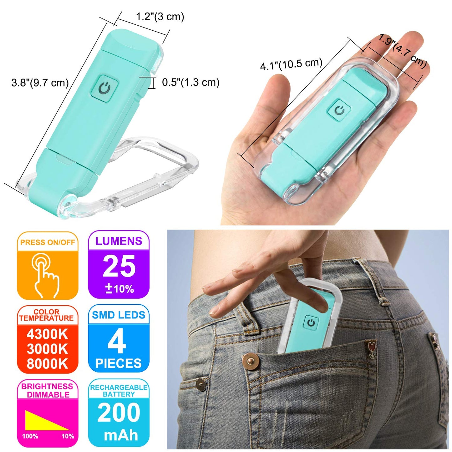 HONWELL Rechargeable Clip On LED Reading Light, 3 Brightness Levels, Portable Bookmark Lamp, Blue, Model H008YW-B