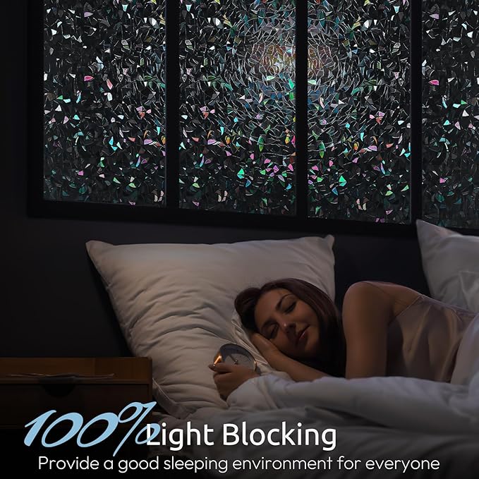 rabbitgoo Window Privacy Film Rainbow Film Decorative Window Sticker, 3D Static Stained Glass Cling Tint for Room Darkening Day Sleep, Black, 23.6 x 118.1 inches
