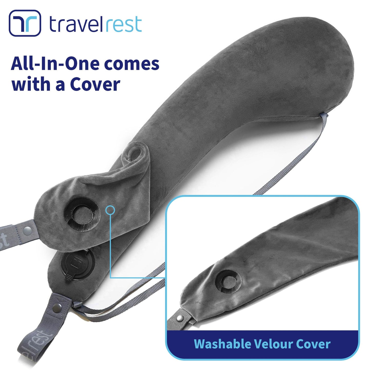 TRAVELREST All-in-One Neck & Body Pillow - Advanced Support and Comfort Design, Travel Essentials, Memory Foam, Inflatable, Airplane & Car Seat, Sleeping on Long Flight & Trips, Travel Pillow - Grey