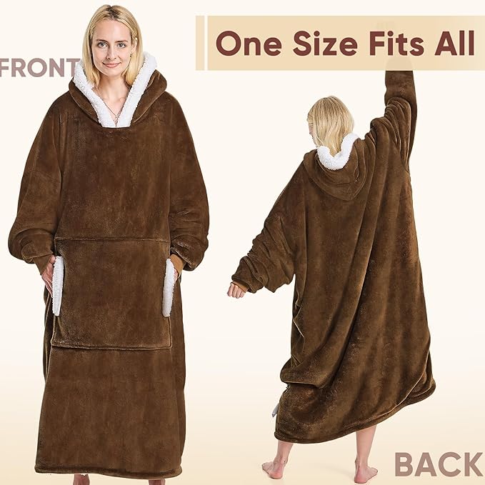 yescool Wearable Blanket Hoodie, Flannel Sherpa Fleece Blanket Sweatshirt for Adults Women Men,One Size Fits All