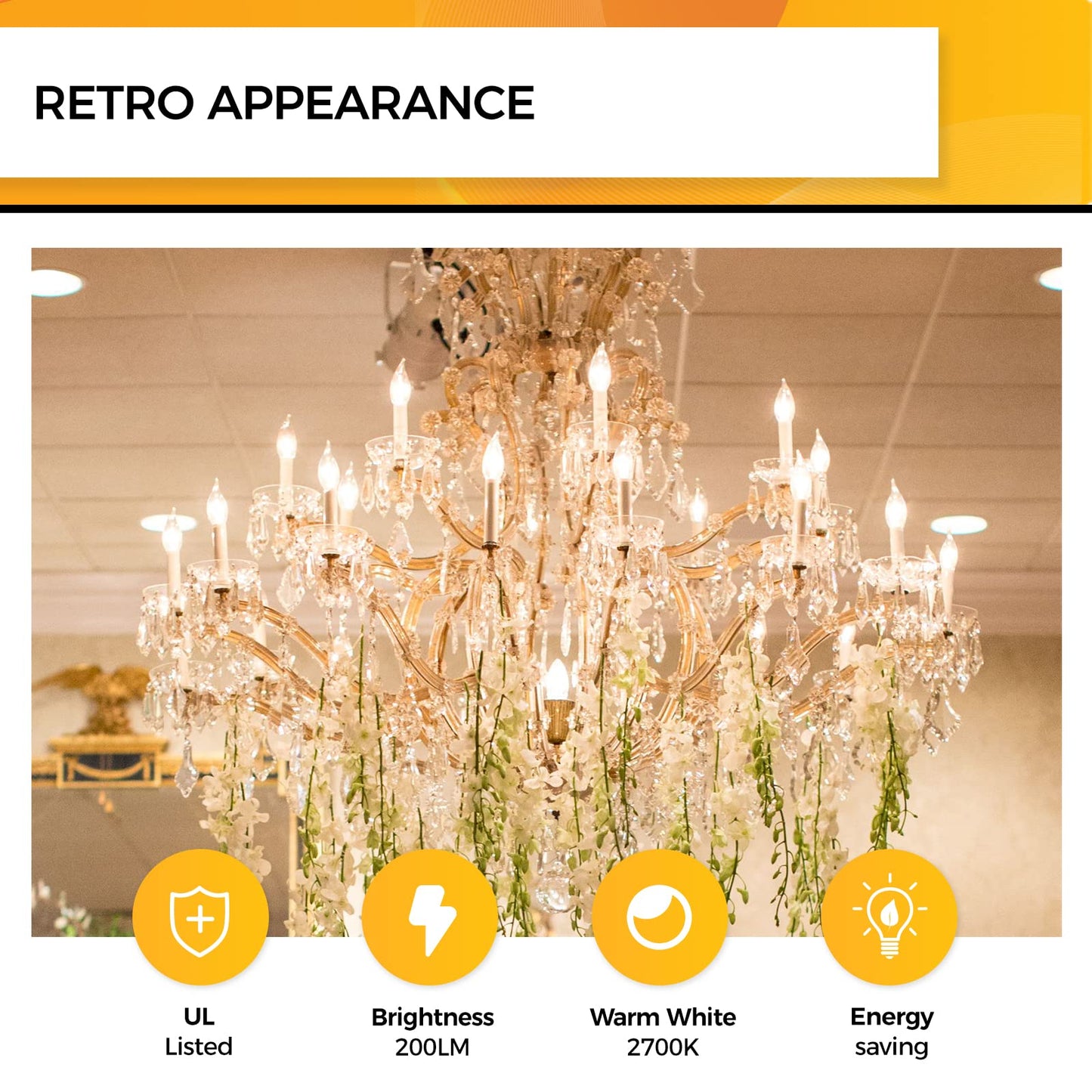 Hizashi 90+ Cri Dimmable E12 Led Candelabra Bulb 25W Equivalent, 2700K Soft Warm White, 12 Pack, Glass, Ca10 Flame