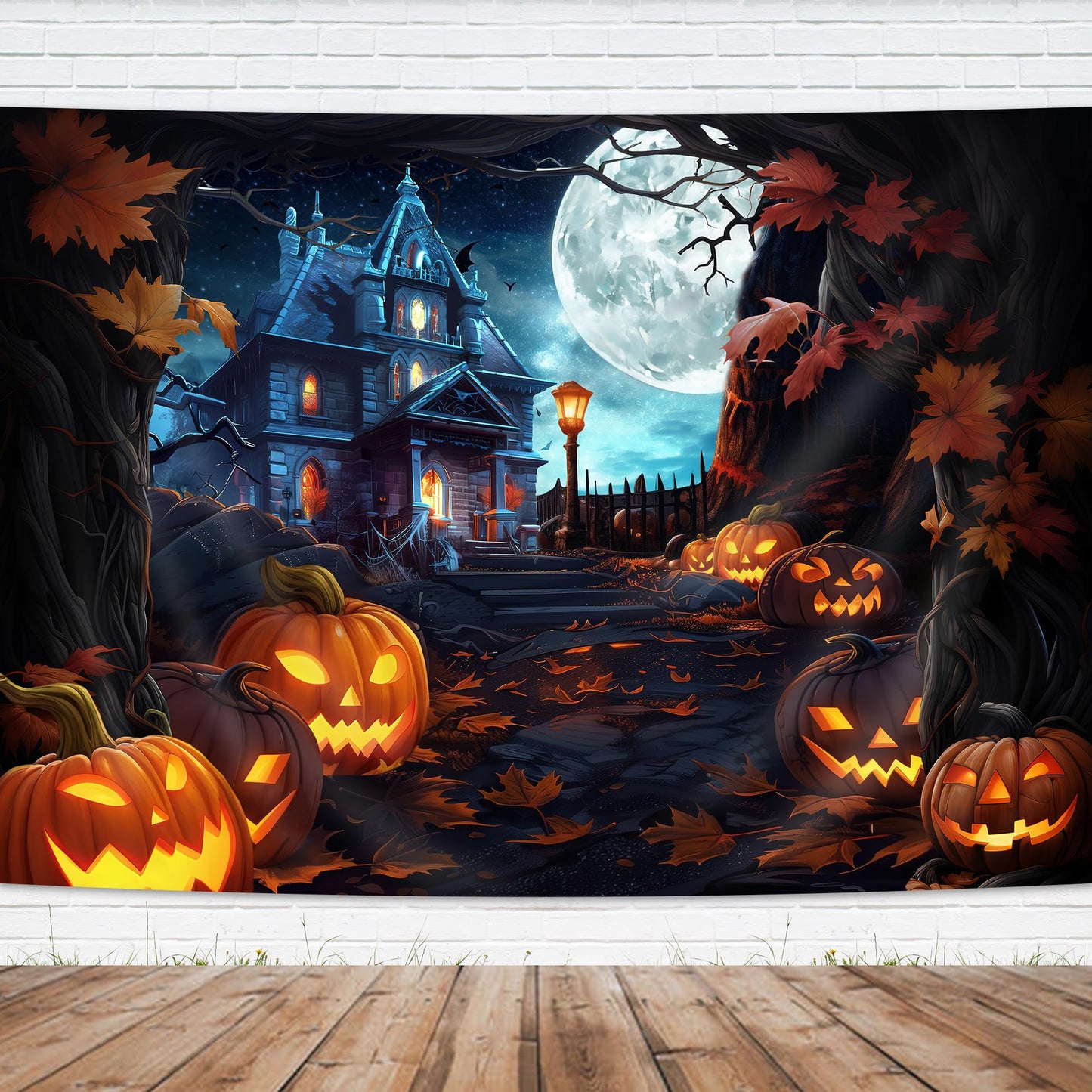 Imirell Halloween Backdrop 7Wx5H Feet Witchy Spooky Castle Moon Night Pumpkin Lantern Autumn Fall Maple Leaves Polyester Fabric