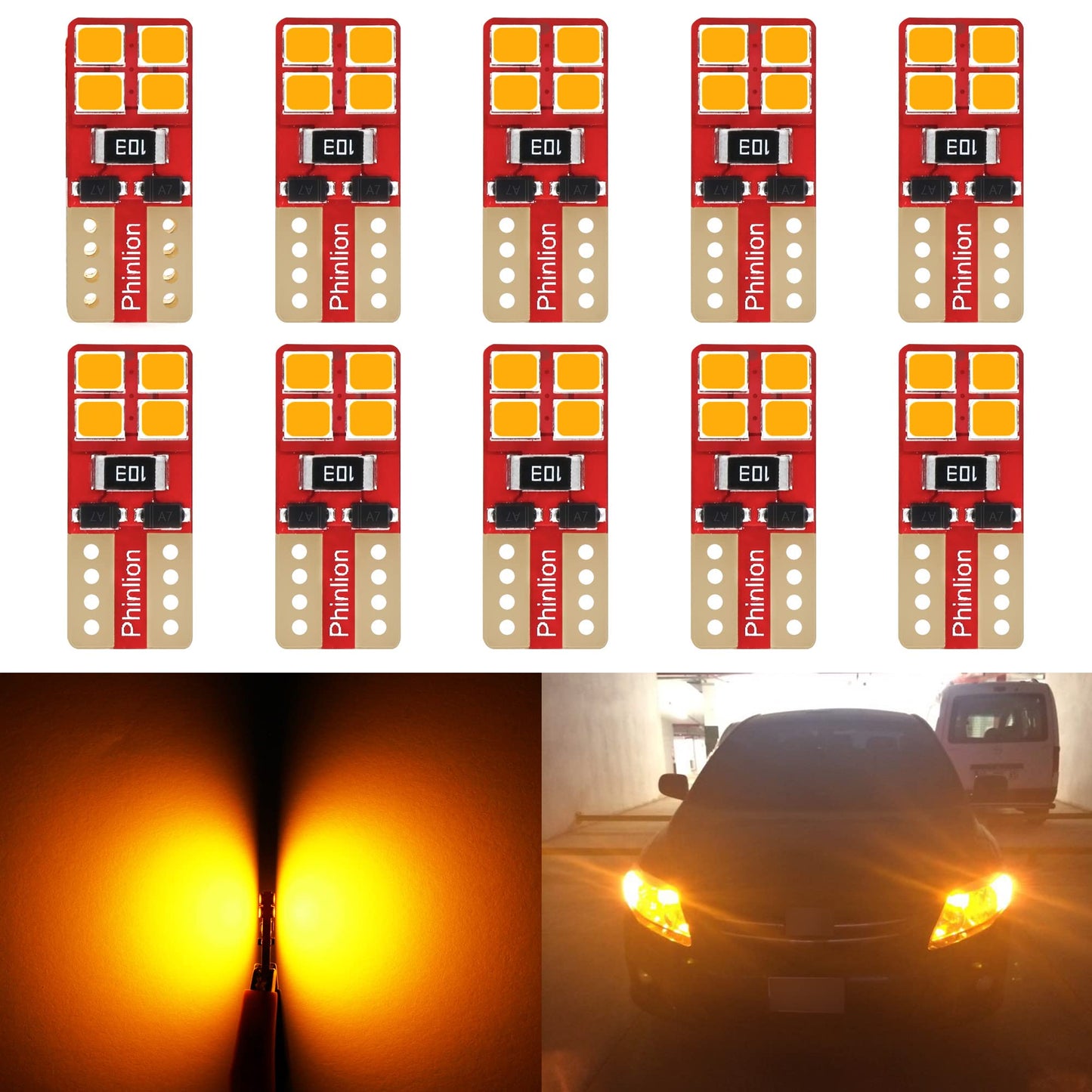 PHINLION T10 LED Bulbs 10 Pack, Amber Yellow, Super Bright for Car Interior Dome Map Side Marker Parking Lights