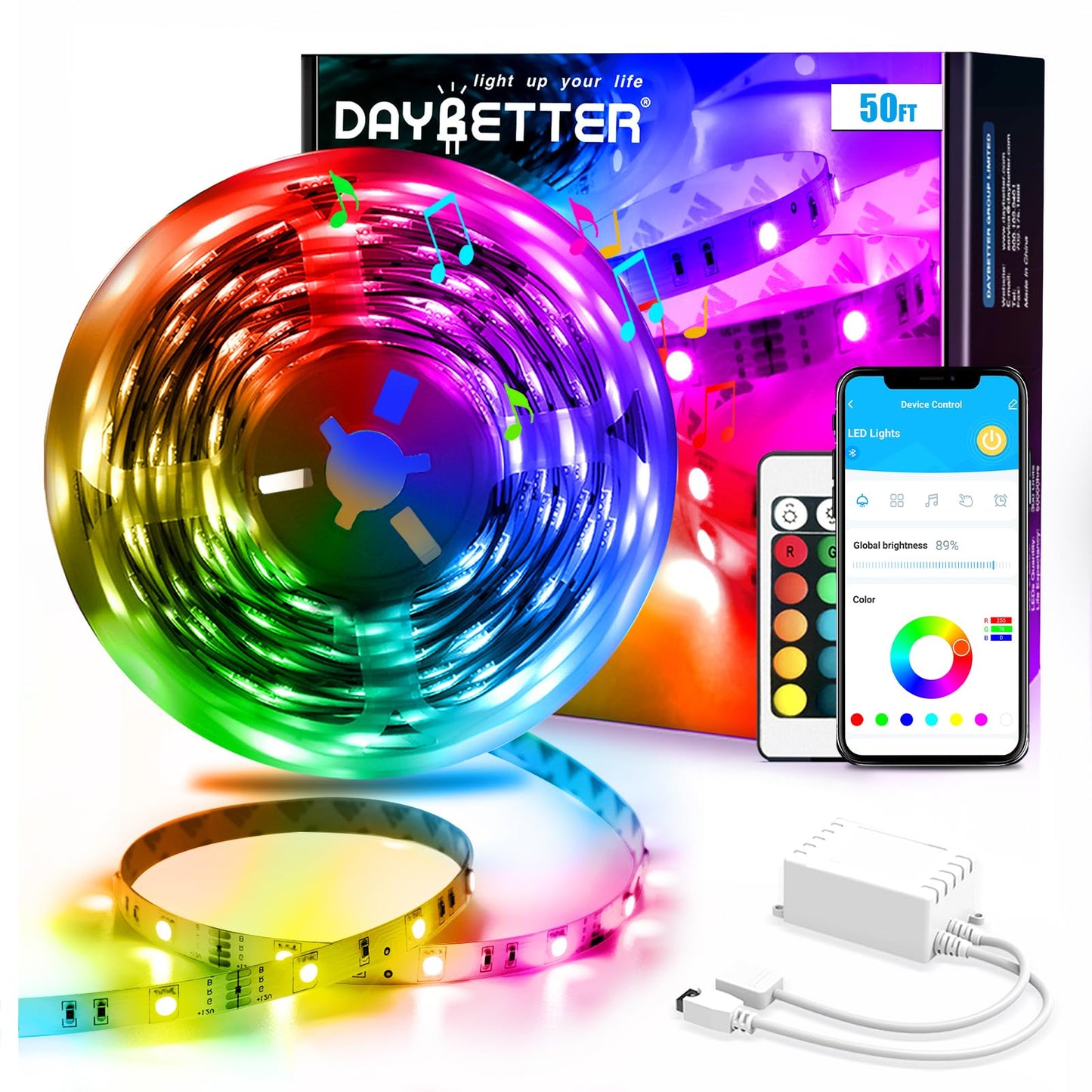Daybetter 50Ft Led Strip Lights, Smart App Control, Multicolor 5050 Rgb, Music Sync For Bedroom & Party, Model Db50111524G-Daus0D2