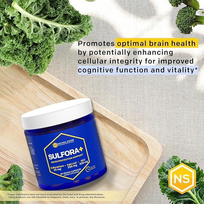 NATURAL STACKS N-Acetyl-L-Cysteine 600mg NAC Supplement - Sulforaphane Supplement 25mg - Superfood Kale Leaf Powder with Organic Broccoli Sprout - Brain Health Antioxidants - 60 NAC Capsules