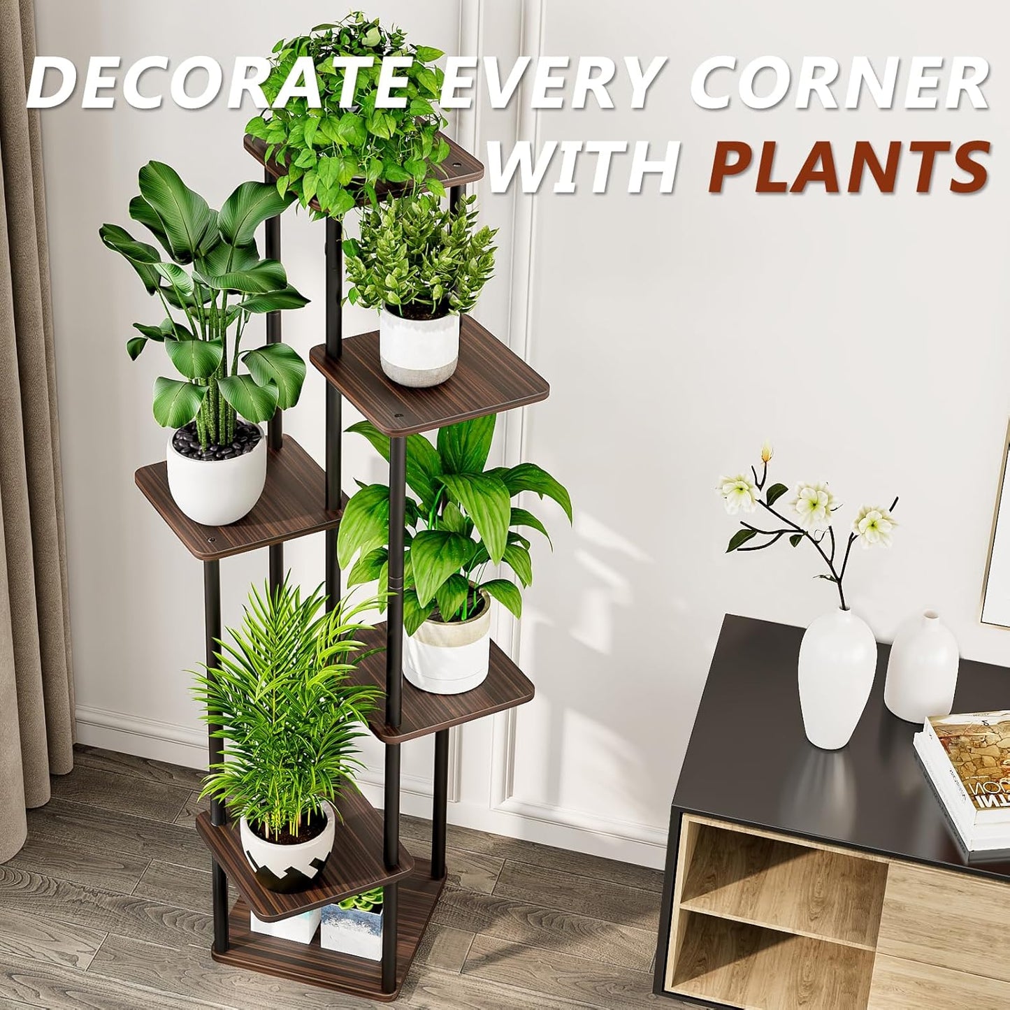 AZERPIAN Plant Stand 6 Tier Indoor Metal Flower Shelf for Multiple Plants Corner Tall Flower Holders for Patio Garden Living Room Balcony Bedroom, Black Oak