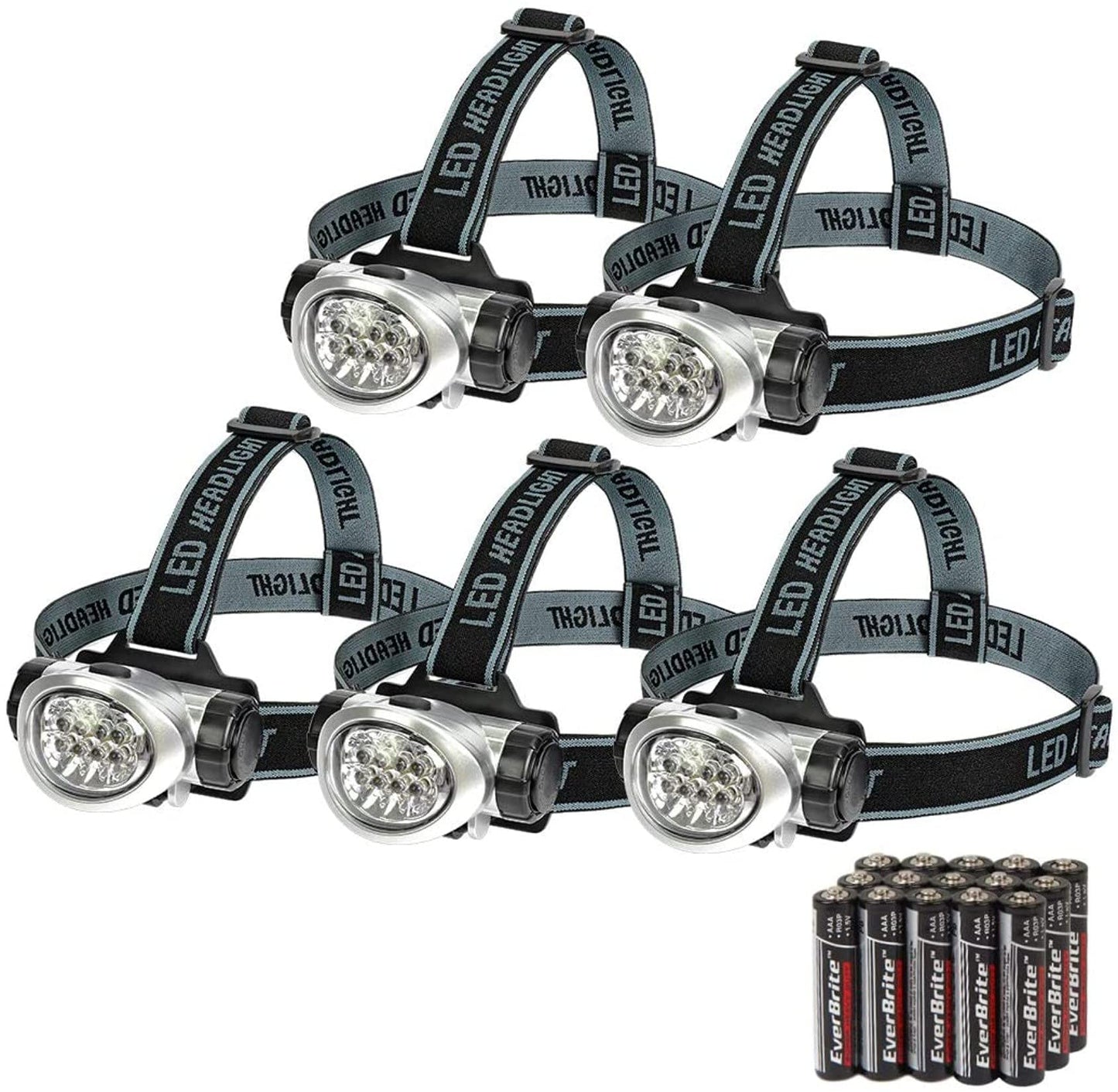 EverBrite 5-Pack LED Headlamp, 4 Lighting Modes, Small Size, Black, Model E001001A, Adjustable Headband, Batteries Included