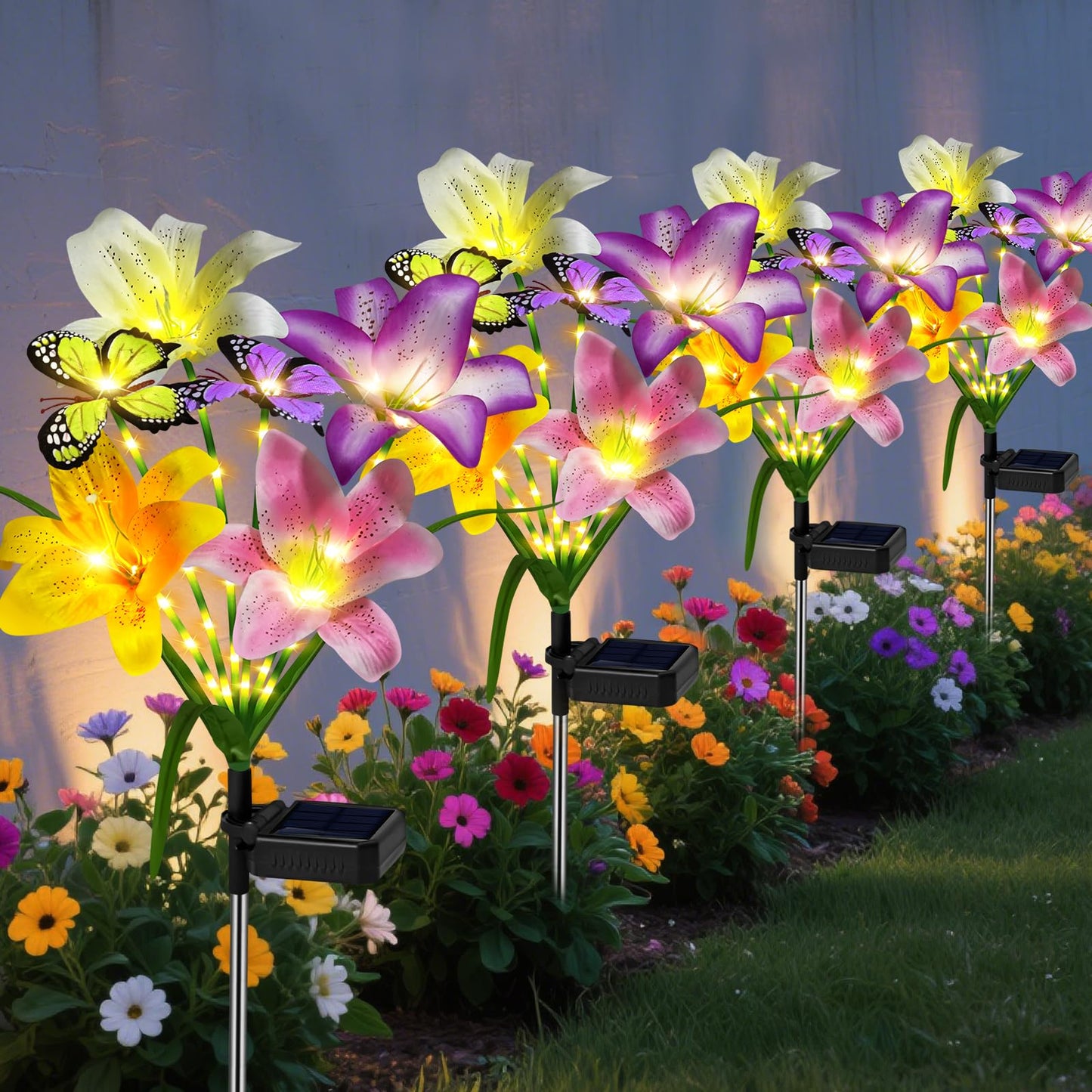 ostritec Solar Garden Lights, 4 Pack Flower Lights, 16 Solar Lilies with Butterflies, Waterproof Decor, Model NewLily4pack, Color: 4 pcs Lilies