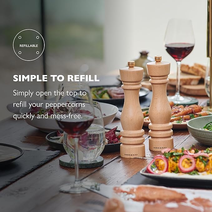 Cole & Mason London Refillable Spice Mill - Kitchen & Home Accessory - Table Black Pepper Grinder - Pepper Mill with Carbon Steel Mechanism - 8", Natural Beech