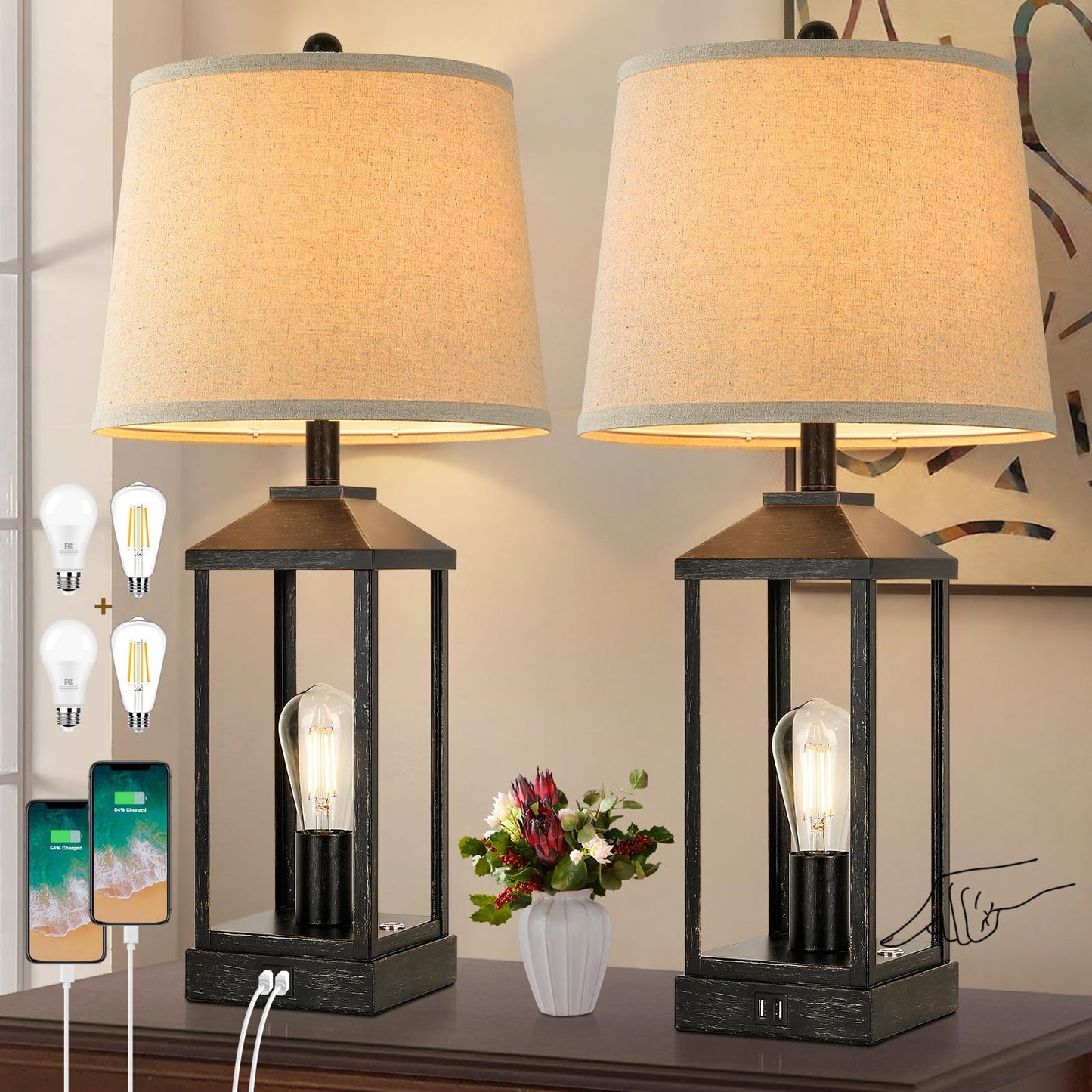 Brightever 28 Table Lamps Set Of 2, Black Metal Farmhouse Nightstand Lamps With Usb Ports, 3-Way Dimmable Touch Control, 4 Bulbs Included