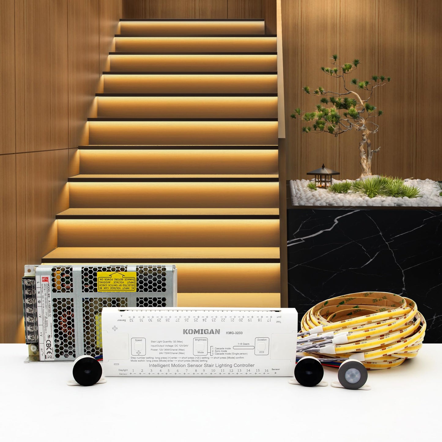 Komigan Intelligent Motion Triggered Led Stair Lighting Kit Kmg-3233  40 Cuttable Led Strip Light For Indoor Led Stair Lights (Warm White 3000K 22 Stairs)