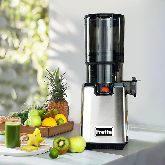 Fretta Cold Press Juicer,Juicer Machines Vegetable and Fruit,Masticating Juicer with 5.3'' Large Feed Chute fit Whole Fruits,BPA-Free, Reverse Function,Durable Stainless Steel Body,250W Quiet Motor