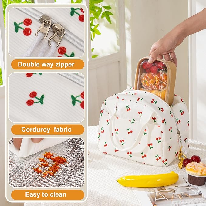 Lunch Bag for Women Cherry Insulated Lunch Box Reusable Cooler Bag Portable Cute Corduroy Leakproof Tote Bags with Keychain for Travel, Work, and Picnic