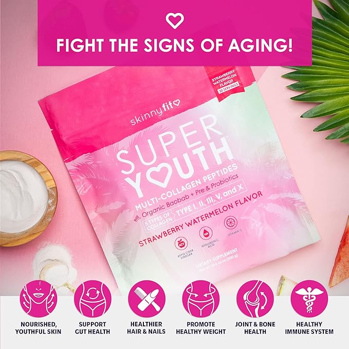 SkinnyFit - Super Youth, Strawberry Watermelon (28 Servings) - Multi Collagen Peptides Powder - Probiotics, Fiber, Hyaluronic Acid - Collagen for Women - Non GMO, Gluten Free, Sugar Free - Self Care