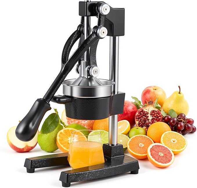 CO-Z Manual Citrus Juicer, Commercial Grade Cast Iron Orange Juicer, Professional Heavy Duty Juice Press with Removable Strainer, Manual Juice Extractor for Orange Lemon Pomegranate Citrus, Black