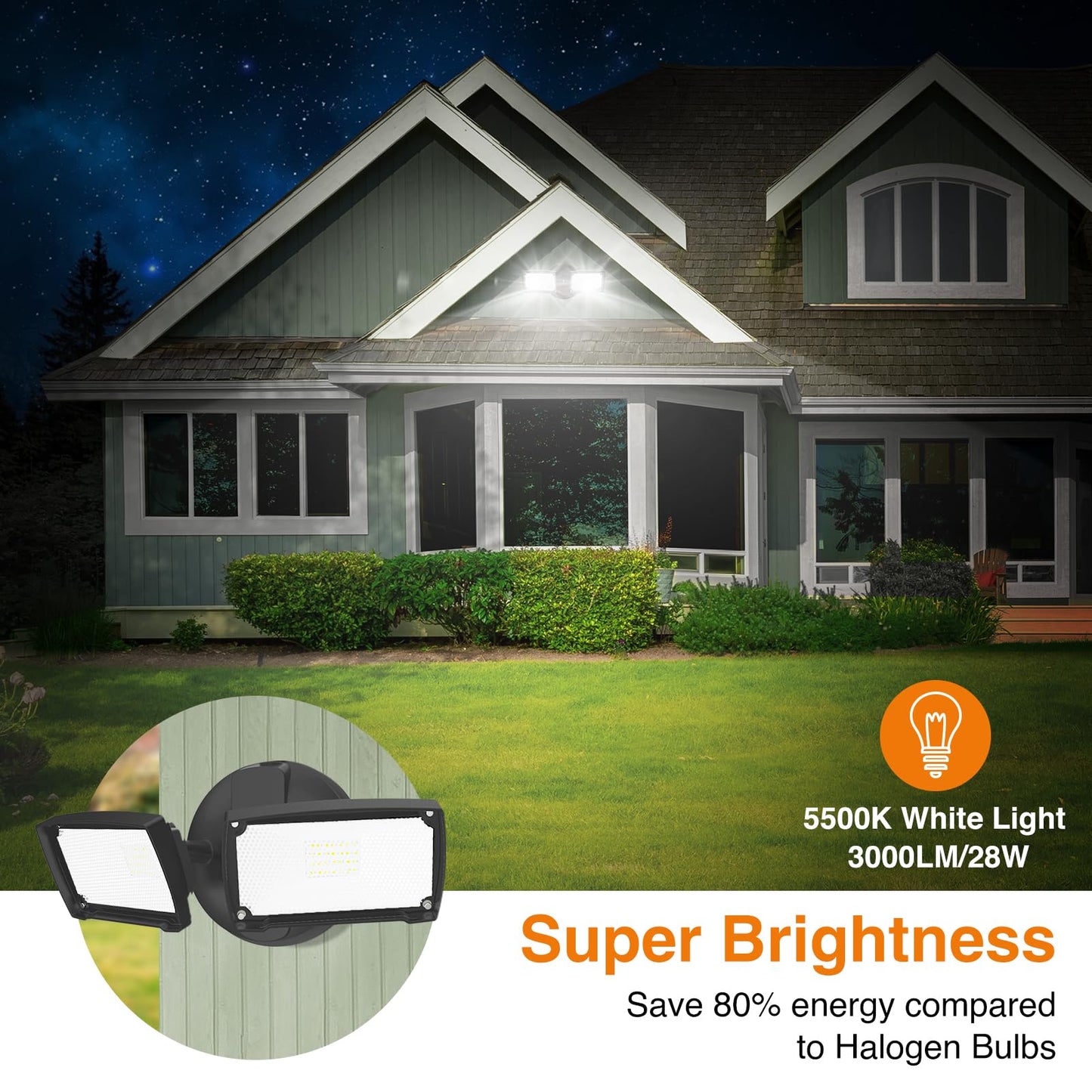 LEPOWER 3000LM LED Flood Light, 28W, 2 Adjustable Heads, IP65 Waterproof, Black, Model YY01D-BL