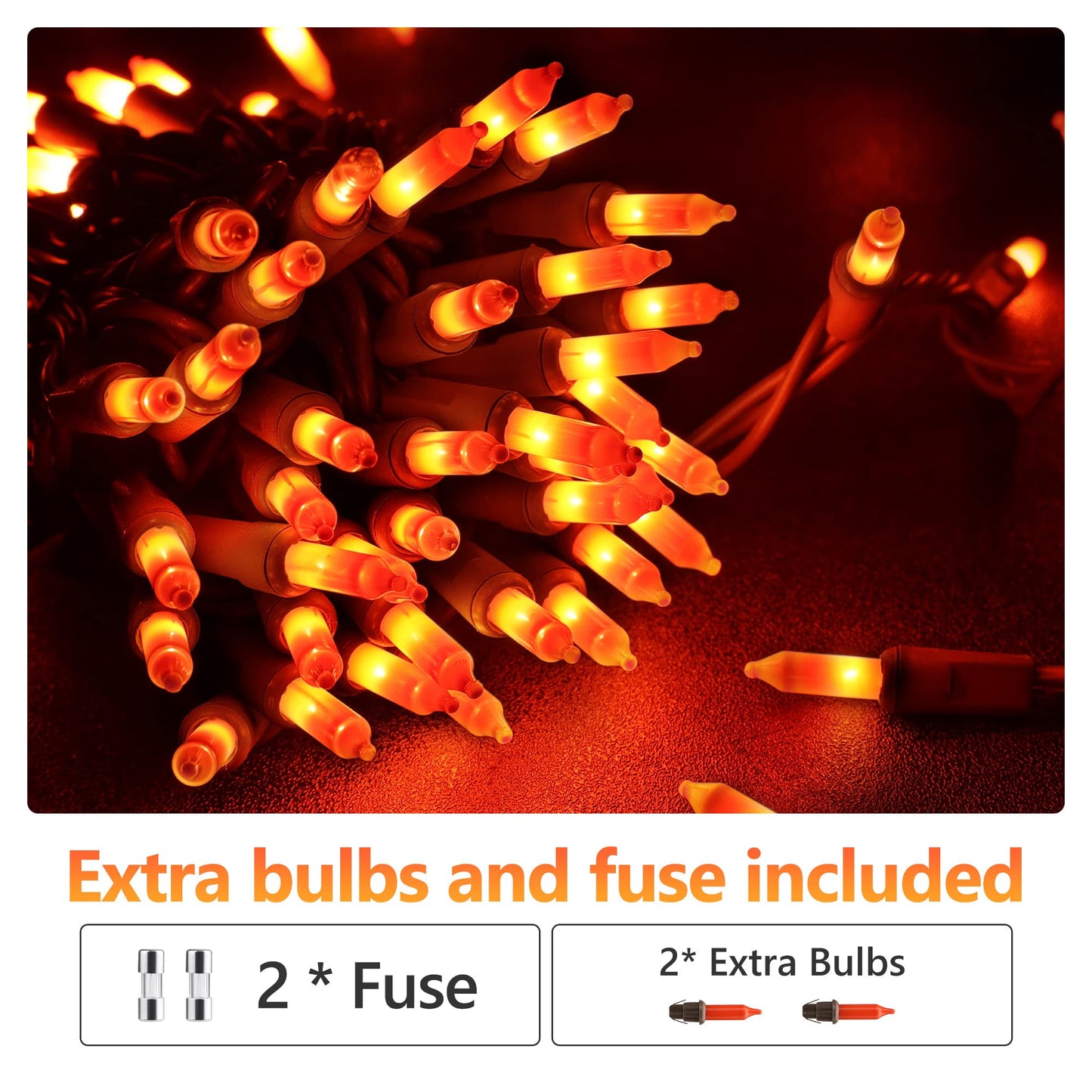 ODEETRONIC Orange Halloween Lights, 100 Count, 21.63ft, Mini Indoor/Outdoor String Lights, Brown Wire