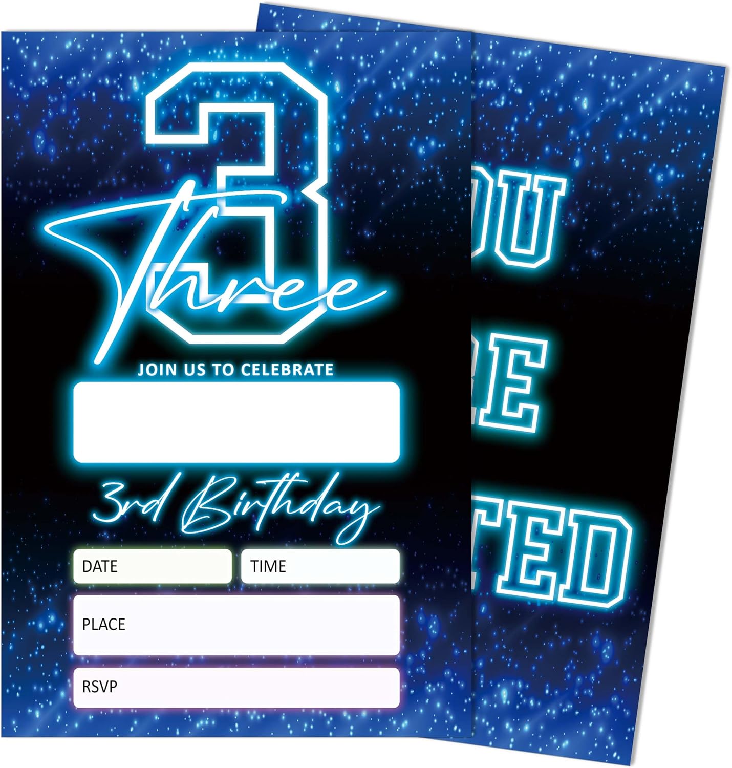 SIXEIGHT Blue 3rd Birthday Invitations for Boys, Neon Glow Party Invitations for Girls Kids, 20 Pack Double Sided Invite Cards with Envelopes, 3rd Glow Neon Birthday Party Decorations, 4x6 Inch-C03