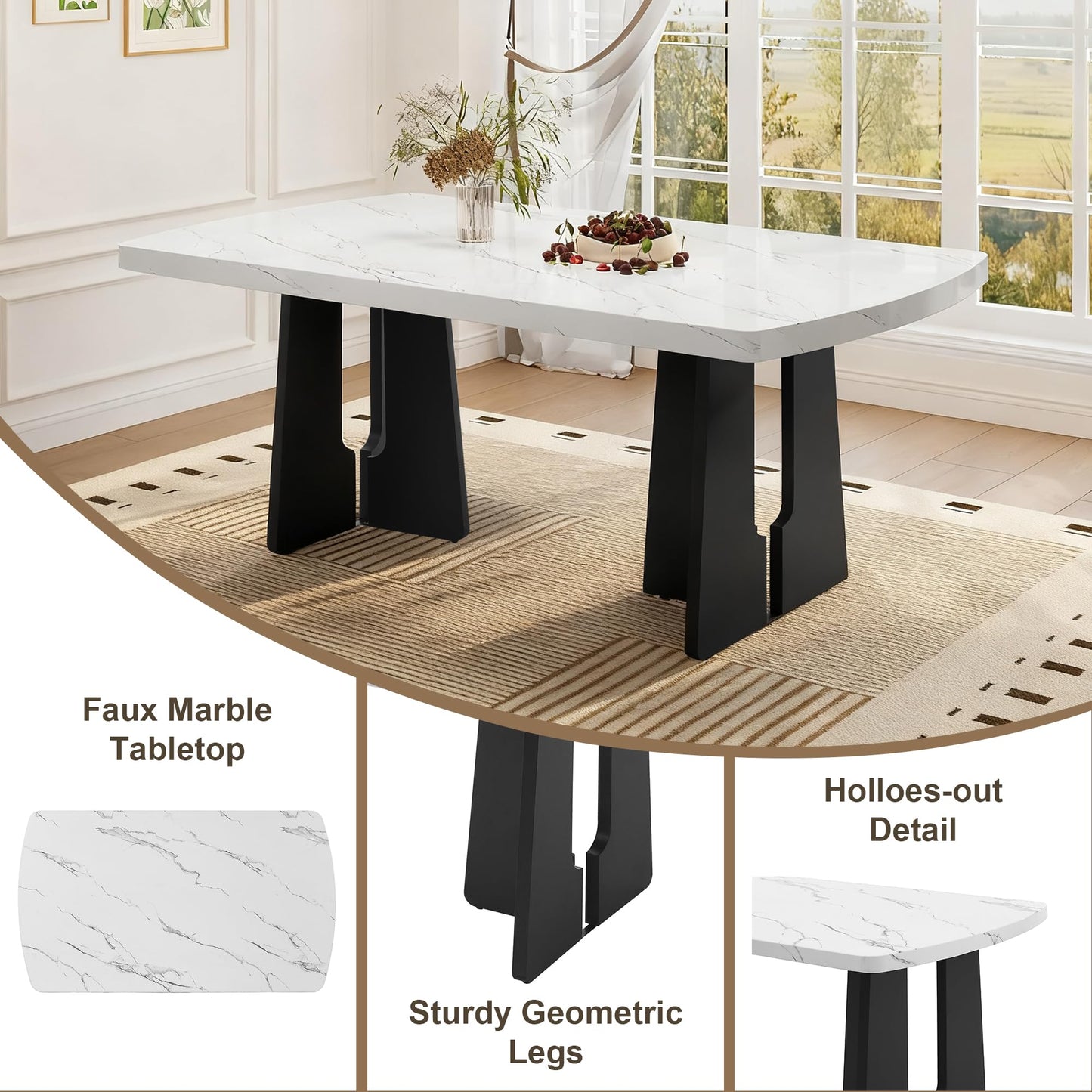 63" Faux Marble Dining Table for 6-8, Rectangular Kitchen Table with Unique Base, MDF Marble Look Top with Rubber Wood Legs, Sturdy Modern Dining Room Table for Home Kitchen, Black & White