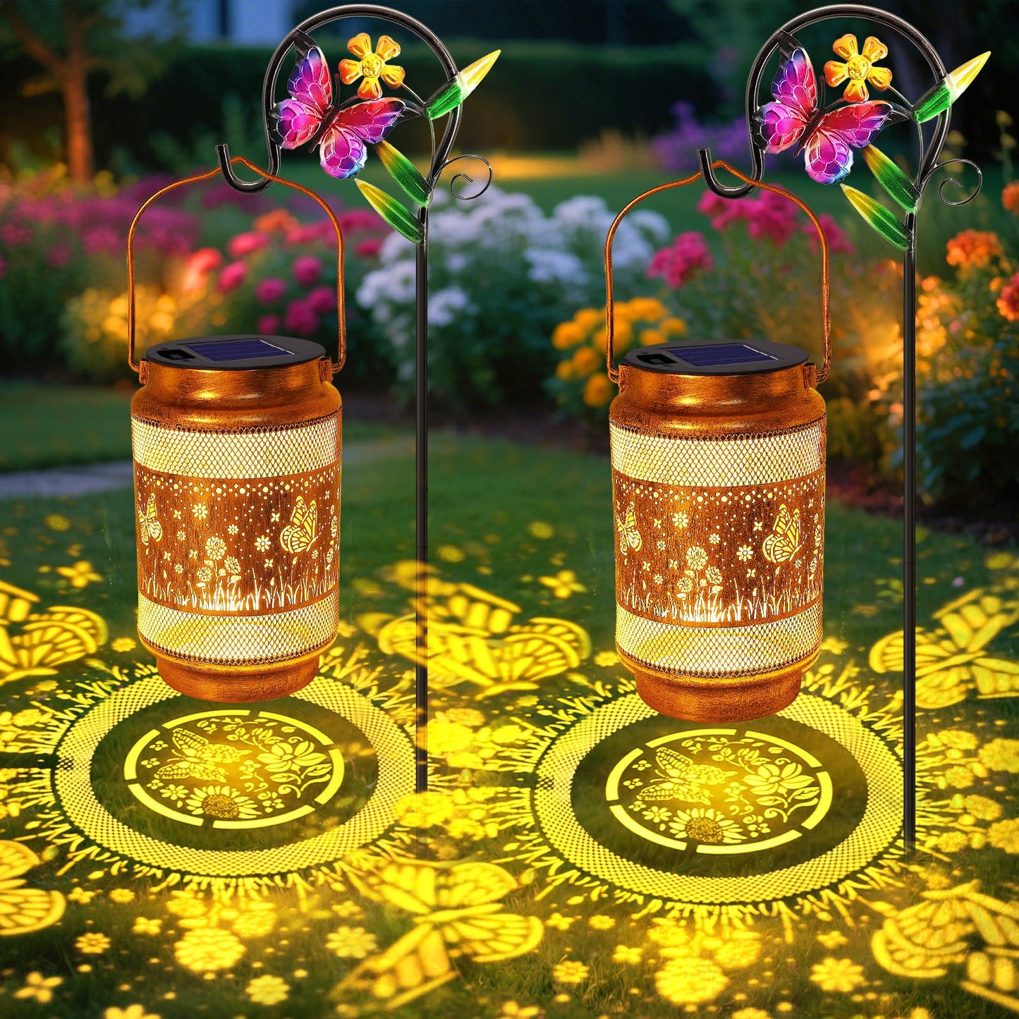2 Pack Butterfly Solar Lanterns Outdoor Waterproof Solar Garden Decor  Birthday Gifts For Christmas Women Mom Grandma  Metal Hanging Lights With Shepherd Hook For Outside Yard Patio Pathway Porch