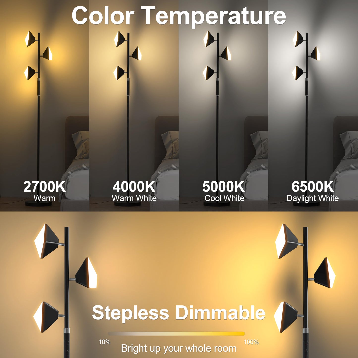 PARTPHONER RGB Tree Floor Lamp, Black, Stepless Dimmable, Remote & Touch Control, 3 Rotatable Lights, Model FLA-036-A2