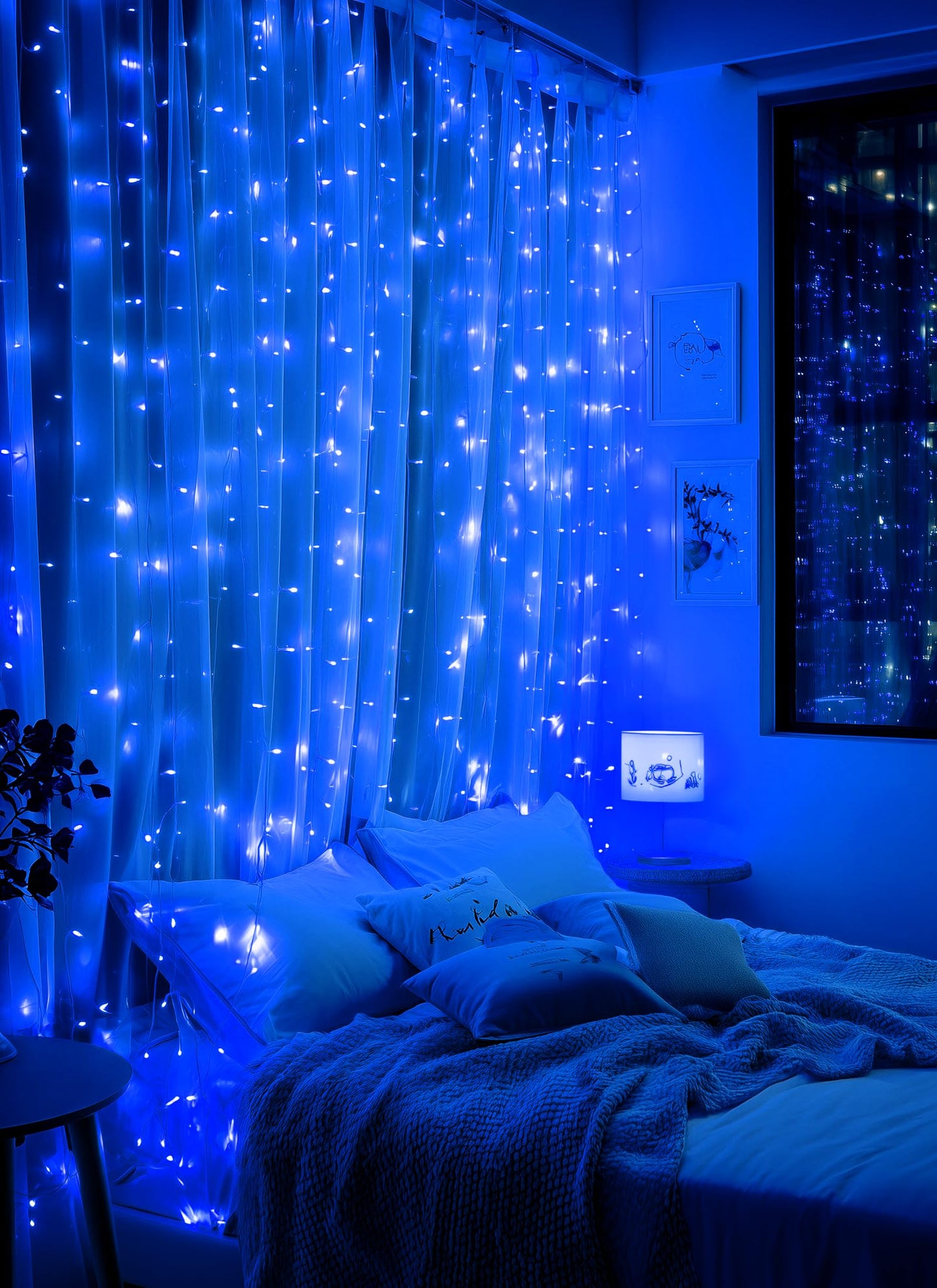 Brightown 300 LED Fairy Curtain Lights, USB Plug, 8 Modes, 9.8ft x 9.8ft, Copper Wire, Blue