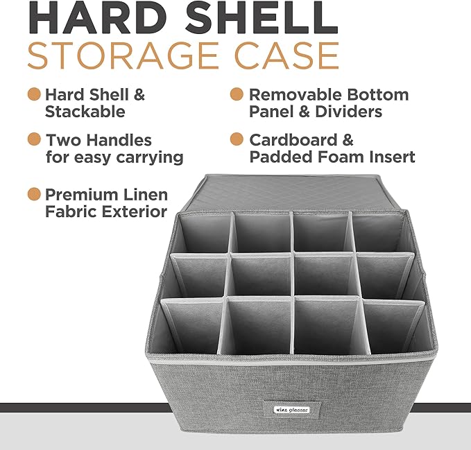 LotFancy Stemware Storage Container, Hard Shell, Stackable Wine Glass Storage Box with Dividers & Handles, Crystal Glassware, Champagne Flute, Drinkware Case for Moving, Grey