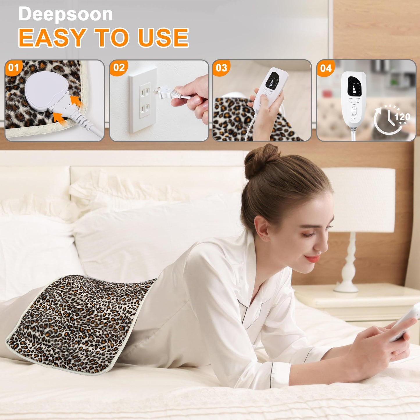 Deepsoon Heating Pad,Electric Heating Pads for Back,Neck,Abdomen,Moist Heating Pad for Shoulder,Knee,Arms,Legs,Dry/Moist Heat & Auto Shut Off,Christmas Gifts for Men and Women,Leopard Print,24x12 Inch