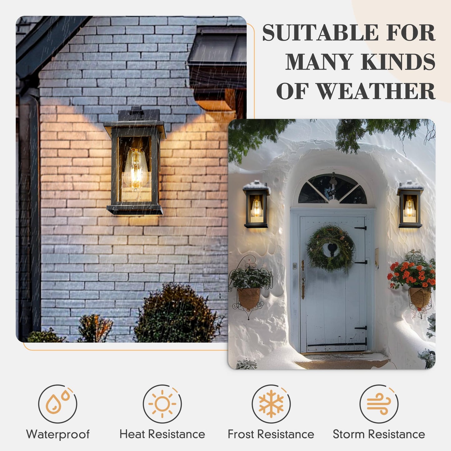 Emliviar Outdoor Porch Light with Photocell Sensor, Matte Black, Clear Glass, Aluminum, Medium Size, Model 1803EW1-PC-2PK BK