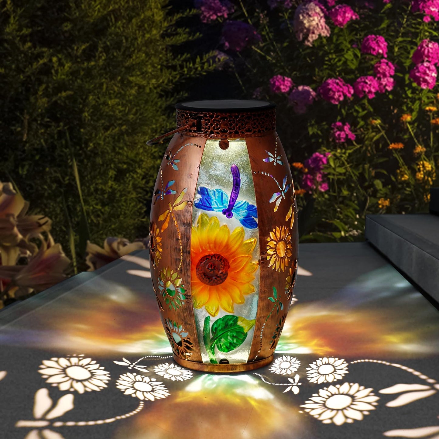 Solar Lanterns Outdoor Hanging Lights Decor Dragonfly Lantern Waterproof Metal Led Sunflower Light Decorative Garden Yard Patio Lawn Gifts For Women Mom