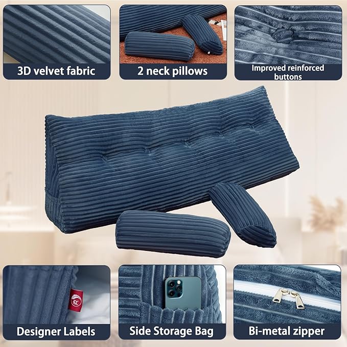 Headboard Wedge Pillow with 2 Pack Neck Roll Pillow Large Headboard Pillow Queen Wedge Pillow Headboard Soft and Supportive Bed Rest Reading Pillows for Sitting in Bed with Removable Cover