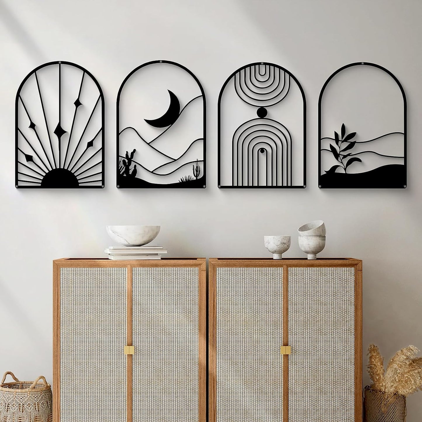 Glamativity 4 Pack Black Abstract Metal Wall Art, Minimalist Décor Single Line Art Wall Décor, 3D Textured Metal Wall Sculptures, for Living Room Bedroom Bathroom Study Room (Black Boho, M Size 17 x 12'')