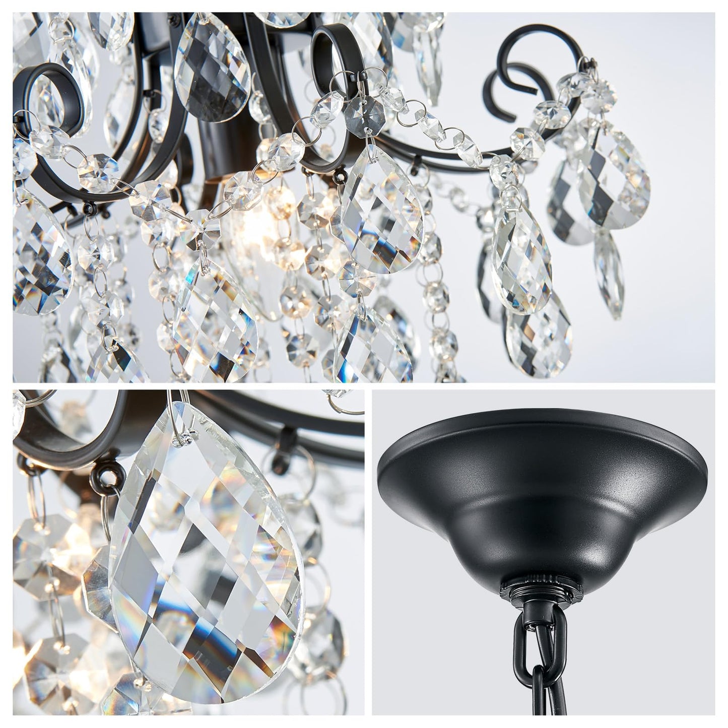 WUZUPS Crystal Chandelier Pendant Light, 15.7in High x 13.8in Wide, E12 Base, Metal, Black, Model USHD-5511502BK