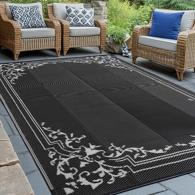 wikiwiki Outdoor Rug, 6x9ft Waterproof Reversible Mat Indoor Outdoor Rugs Carpet, Small Area Rug Plastic Straw Rug for Patio Deck Balcony Pool RV Camping Beach Picnic, Classic Black, Rugscape Series