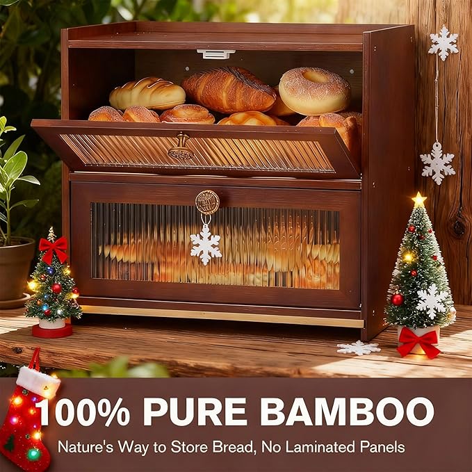 Bread Box, Extra Large 100% Bamboo Wood Bread Box for Kitchen Counter, Vintage Double Layer Bread Storage Container Bin with Cutting Board, with 11" Stainless Steel Kitchen Tongs