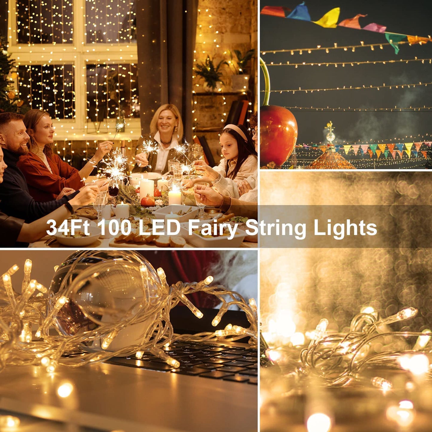 Echosari String Lights 33Ft 100 Led Warm White Fairy Lights With Remote, Dimmable Timer, 8 Modes For Outdoor Wedding Party Garden Decor